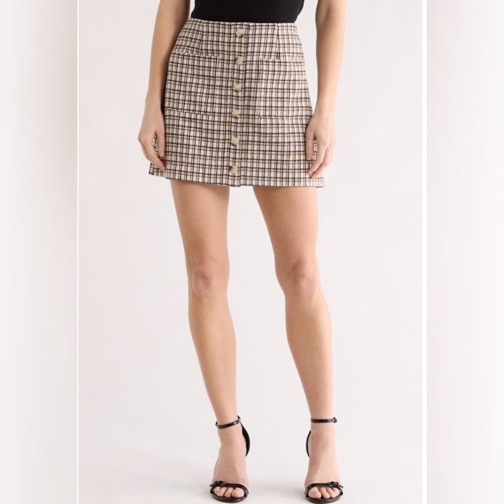 French Connection‎ (NWT) Beige and Black Plaid Button Mini Skirt-Size L